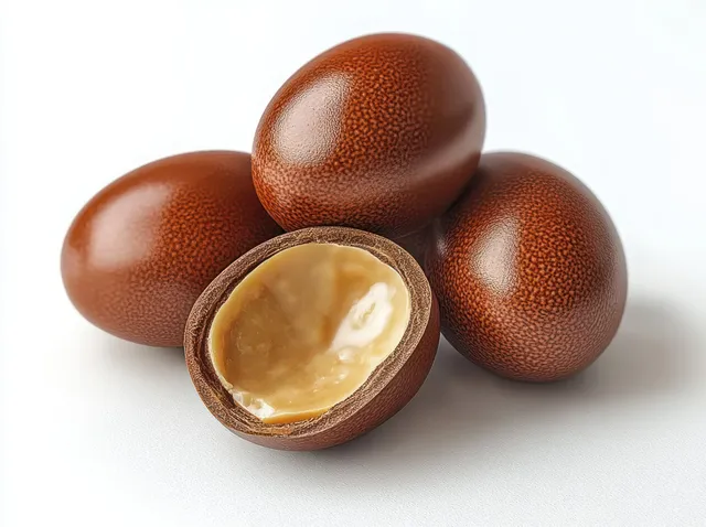 Four brown chocolate eggs on a white background, one cut open to show a creamy caramel-like filling.