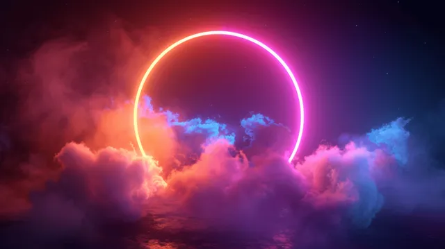 Neon glowing ring encircling colorful clouds in a dark night sky foggy scene
