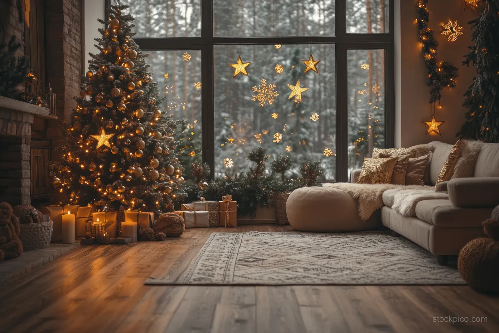 Cozy Scandinavian living room with a decorated Christmas tree, candles, and warm fireplace light beside snowy window stars.