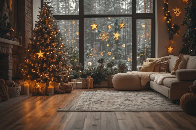 Cozy Scandinavian living room with a decorated Christmas tree, candles, and warm fireplace light beside snowy window stars.