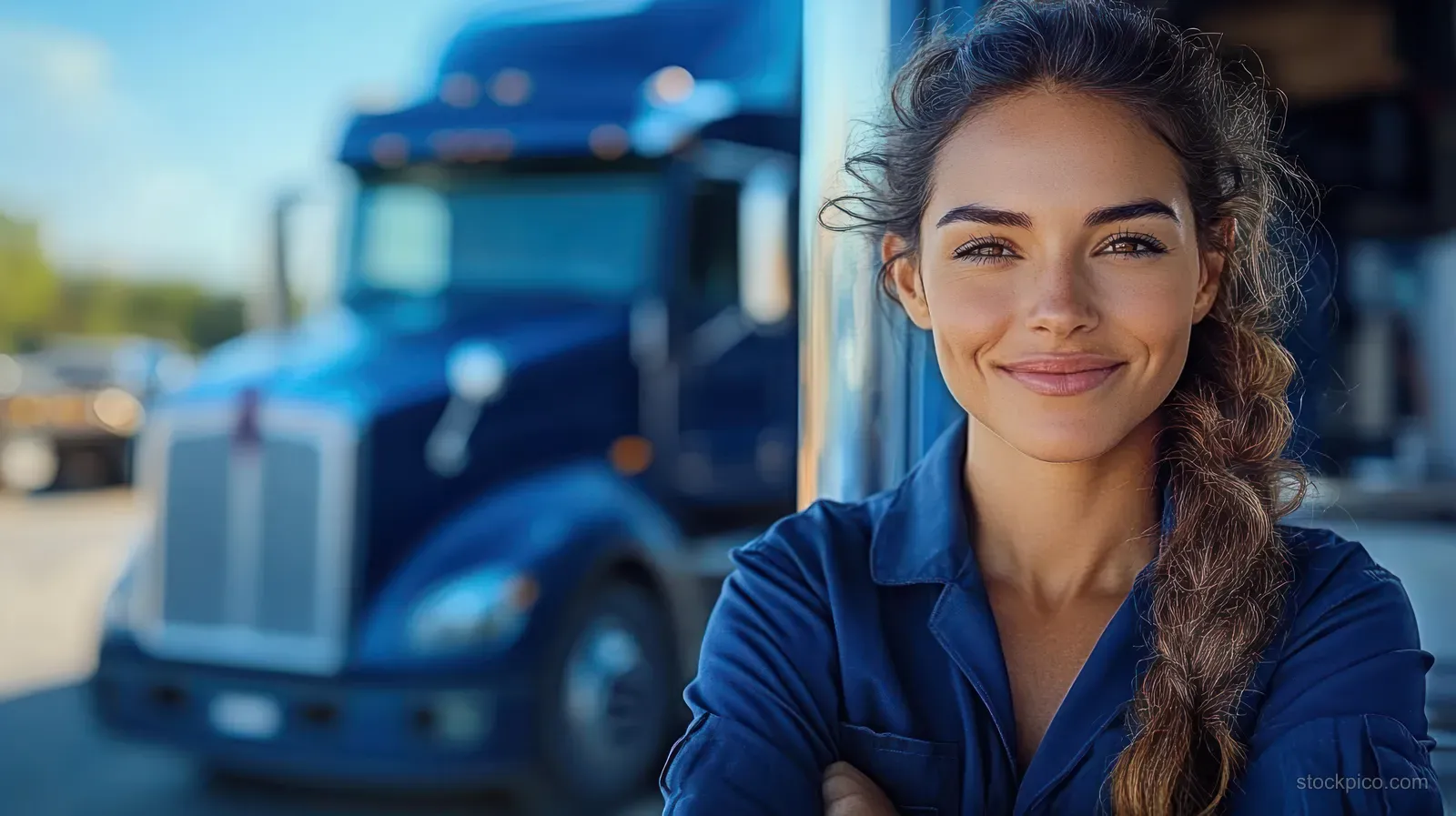 A smiling woman with a braid stands outdoors next to a large blue truck under a clear sky.