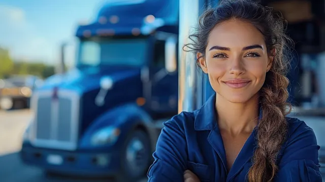 Confident woman with braided hair smiles outdoors beside a blue truck under clear sky
