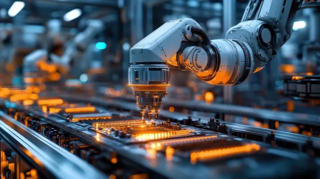 Robotic arm placing illuminated microchips onto conveyor belt in a high-tech electronics factory