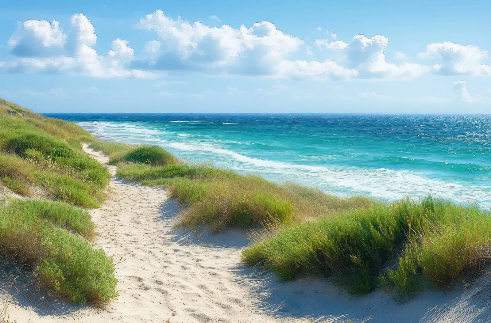 Sandy coastal path winds through green dune grass beside a bright blue ocean under a cloud-filled sky.
