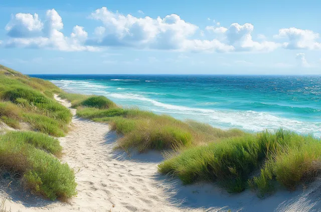 Sandy coastal path winds through green dune grass beside a bright blue ocean under a cloud-filled sky.