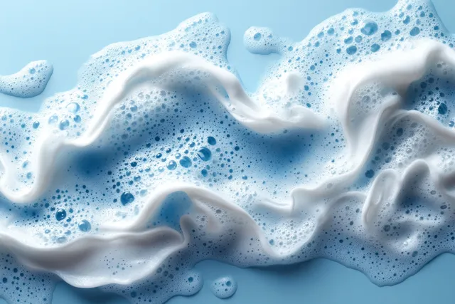 White foamy cleansing mousse swirls over a pastel blue background with visible tiny bubbles.