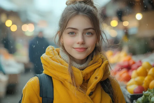 A woman in a yellow winter coat smiles outdoors at a night market with glowing lights and light snow.