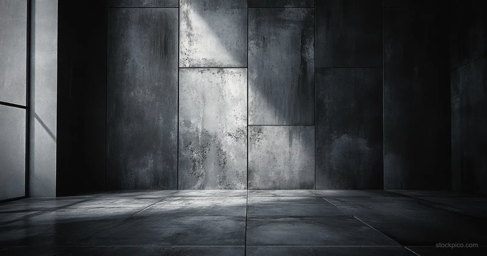 A dark, textured concrete room with ambient lighting and shadows, creating a gritty atmosphere for film-style backdrops.