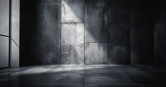 A dark, textured concrete room with ambient lighting and shadows, creating a gritty atmosphere for film-style backdrops.