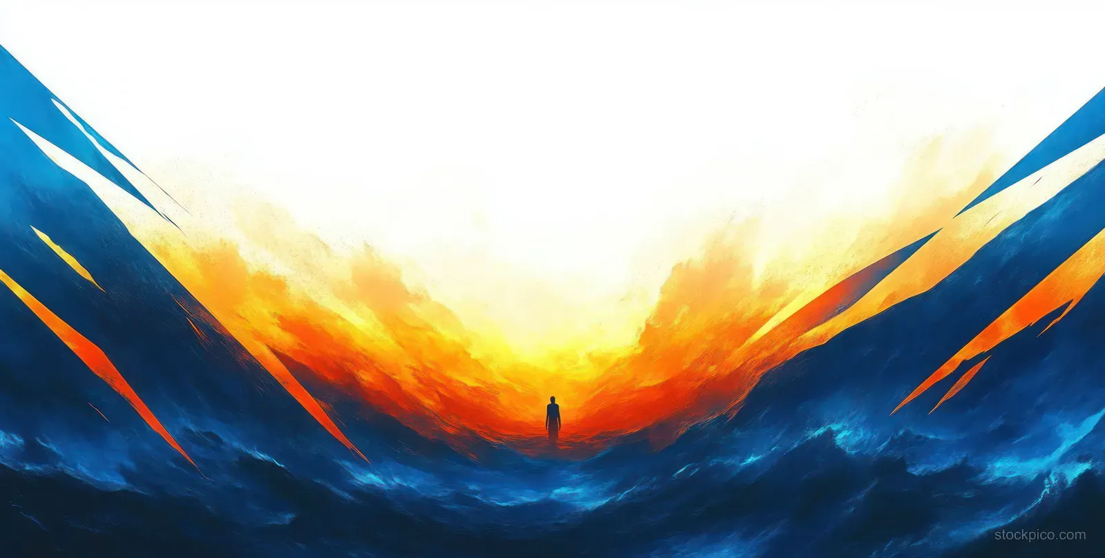 Silhouette of a solitary figure stands at the horizon as blue waves swirl into an orange fiery sky.