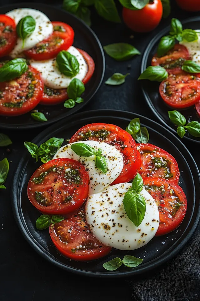 Caprese salad on dark plates with sliced tomatoes, basil leaves, mozzarella, and black pepper over olive oil.