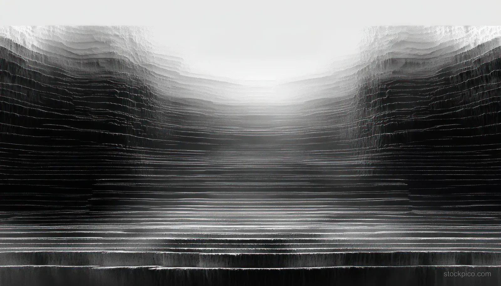 Black-and-white striped abstract landscape receding into depth with misty light and layered texture.