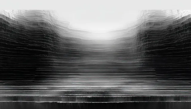 Monochrome striped abstract landscape with deep perspective and drifting misty light
