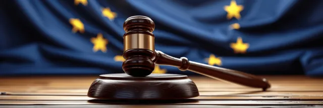 Wooden judge’s gavel on a table with a blurred European Union flag backdrop and space for text.