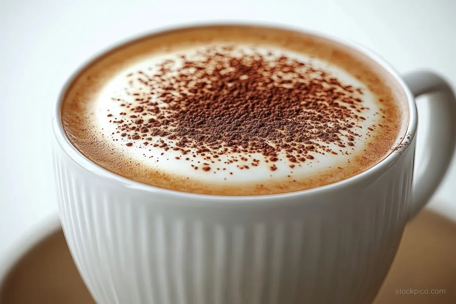 White ceramic cup filled with frothy coffee and cocoa powder on a wooden table.