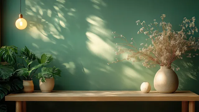 Wooden kitchen table displaying potted plants and a dried-flower vase against a green wall with sunlit shadows.