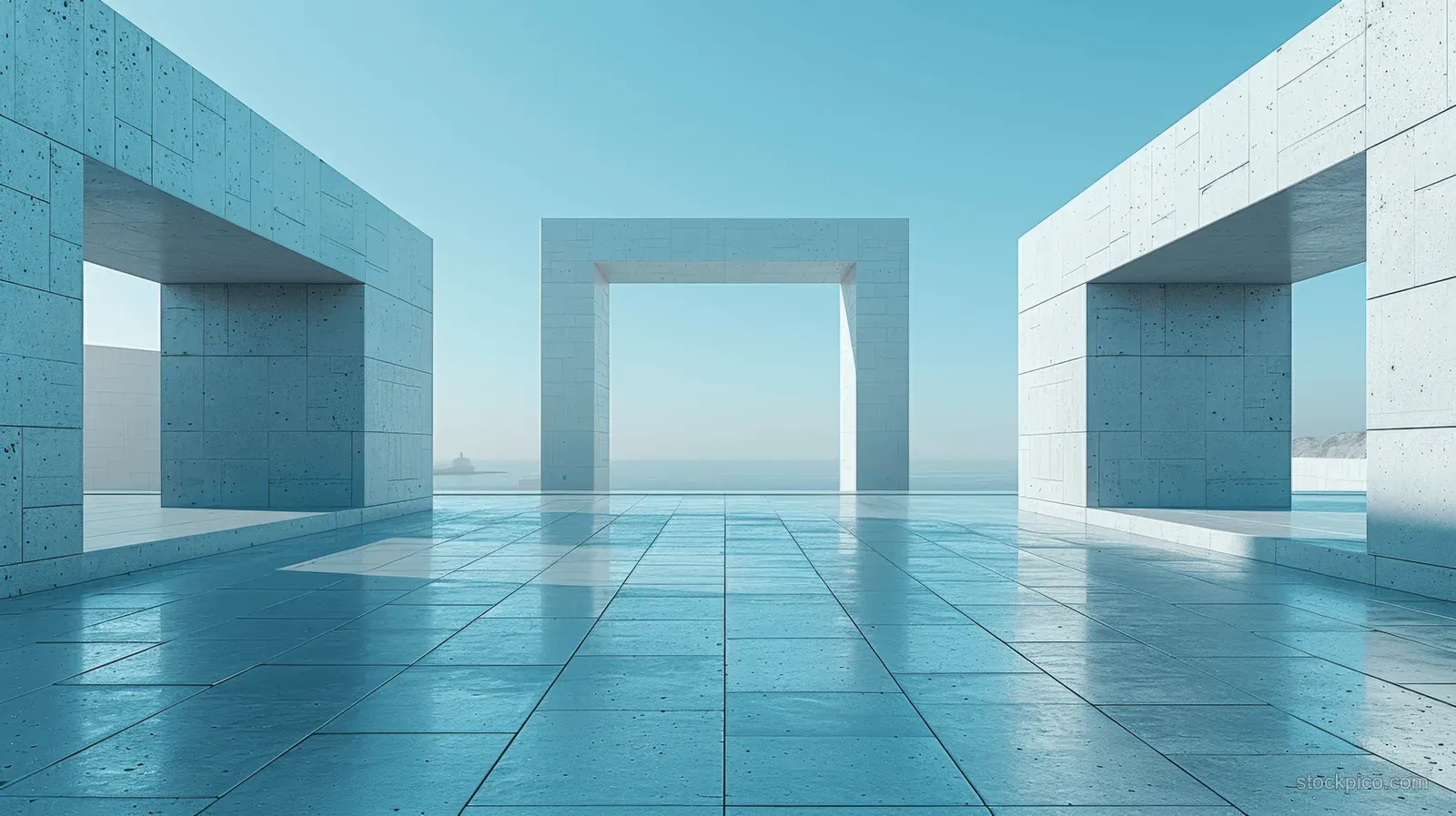 Minimalist white cube architecture corridor with open doorways, concrete floor panels, and a clear blue sky view.
