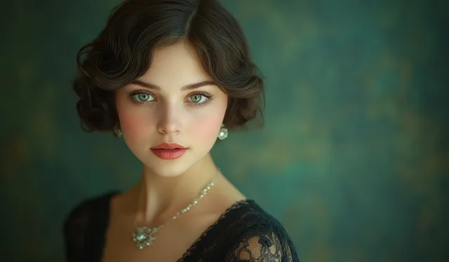An Art Deco style woman portrait with pearl tassel earrings, glossy makeup, and a manicured hand in soft light.