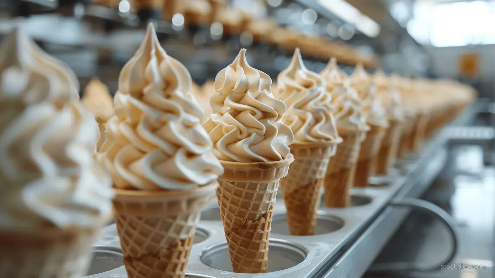 Soft serve swirls fill waffle cones along an industrial conveyor in a factory setting.