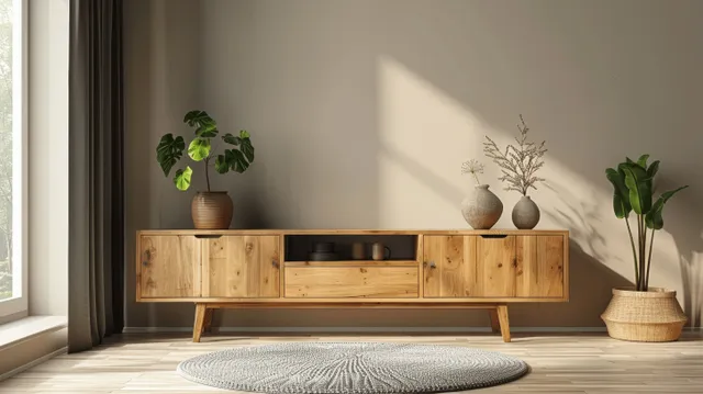 Minimalist living room interior showing a wooden TV cabinet, potted plants, and a beige wall with sunlight shadows.