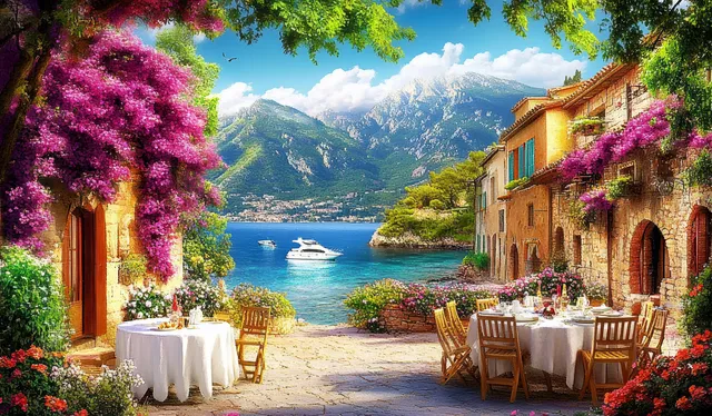 Sunlit village street with bougainvillea, outdoor café tables, stone buildings, and a boat on a lake near mountains.