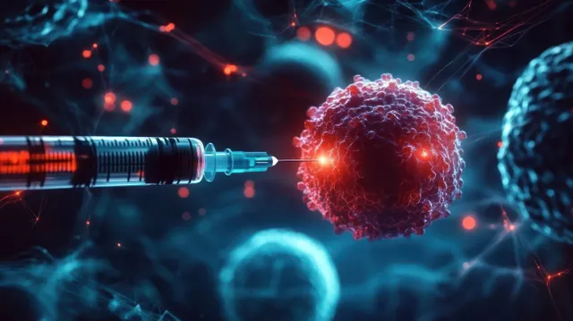 A syringe injects a glowing vaccine into a virus cell inside a network of connected cells with neural-like light trails.