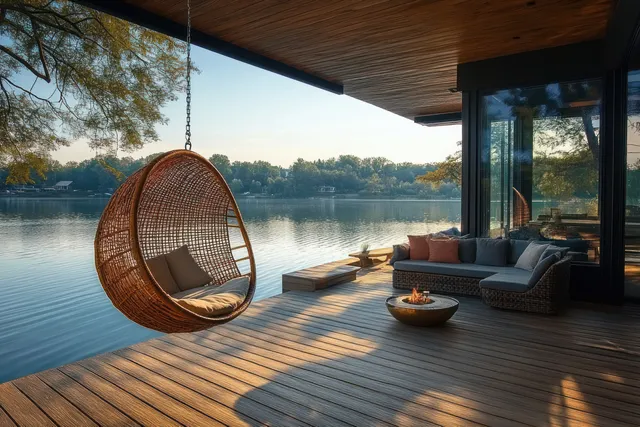 Wooden deck by a lake with a hanging wicker chair, cushioned sofa, and a fire pit at sunset.