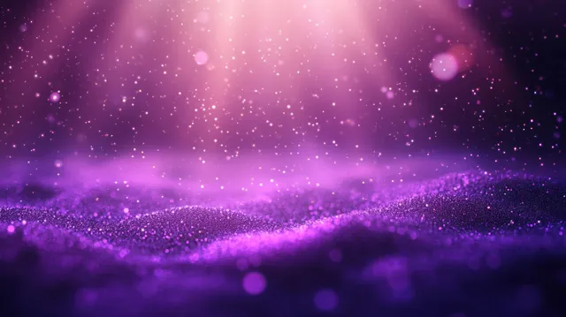 Purple shimmering particles float above a textured surface with glowing light beams and soft bokeh.