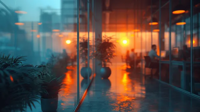 Tech workers collaborating with glowing monitors behind glass in open-plan office at dusk