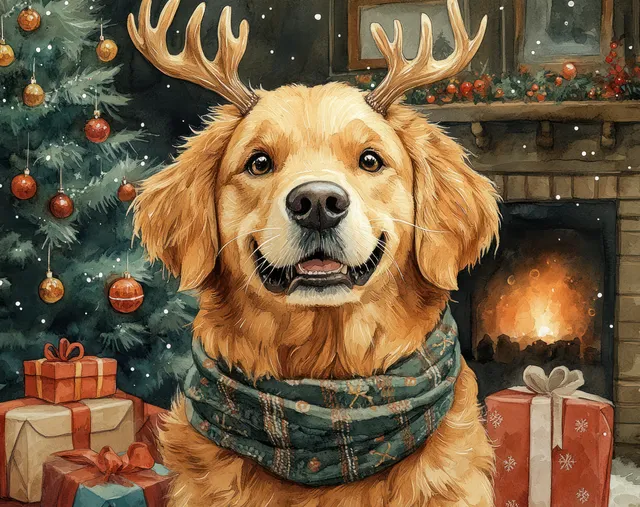 Golden retriever with a green patterned scarf faces a decorated Christmas tree with wrapped gifts nearby.