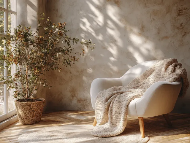 Minimalist living room corner with a light grey armchair, green knitted throw, rattan side table, and potted plant in window sunlight.