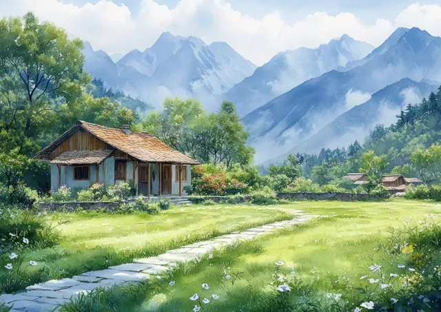 A wooden cabin sits beside a green meadow path with trees and misty blue mountains in the distance.
