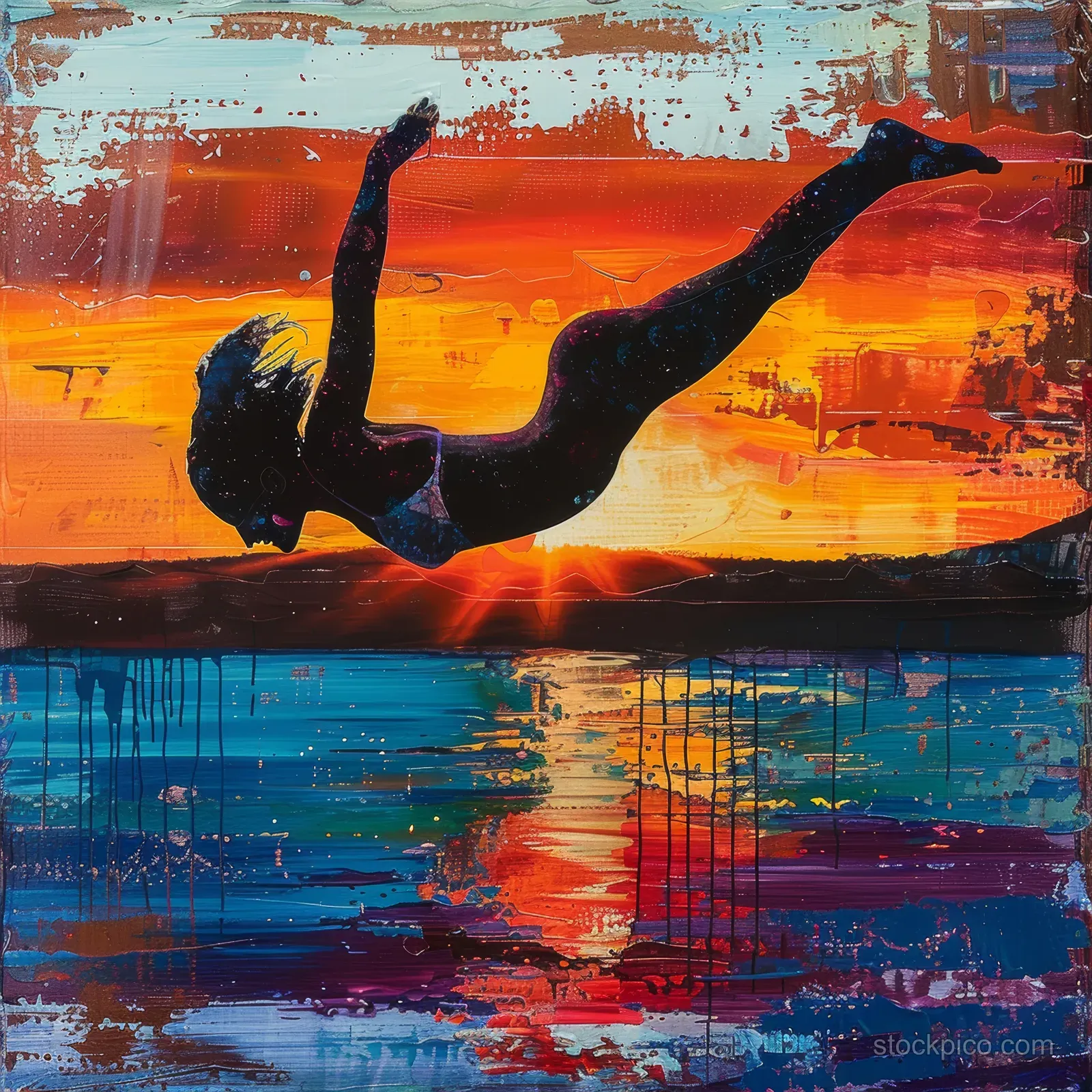 Silhouetted woman diver stretches mid-air above a pool while sunset colors reflect on the water.