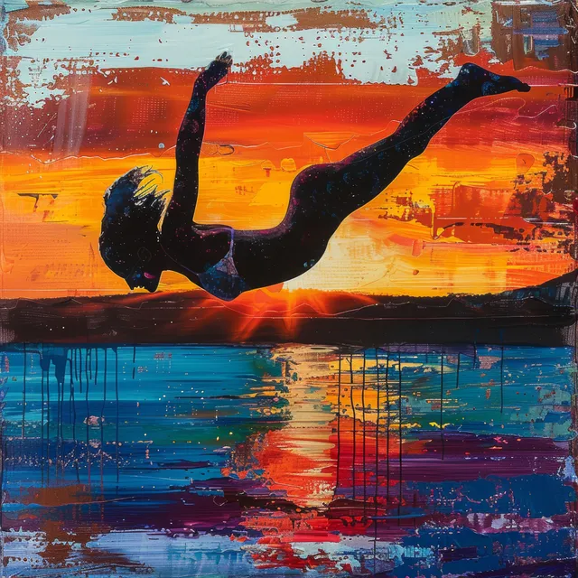 Woman diver mid-air at sunset, silhouetted above a pool with vivid reflections