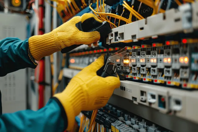 Gloved electrician probes terminals on an industrial control panel with a multimeter while checking indicator lights.