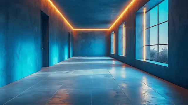 Neon-lit corridor with glowing ceiling frame, smooth reflective floor, and tall windows beside the passage.