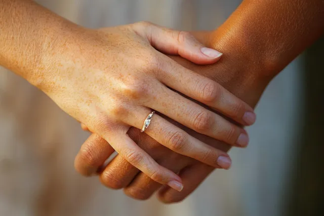 Two different skin-tone hands gently clasped together, one wearing a delicate ring.
