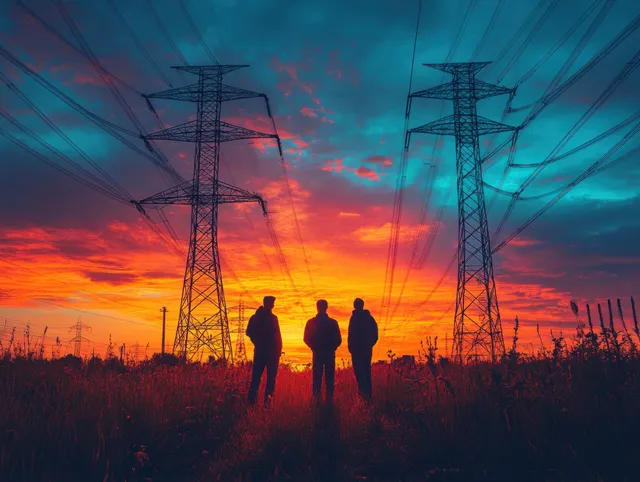 Silhouetted engineers stand near high-voltage power towers while inspecting transmission lines at dusk.