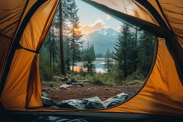 Orange camping tent interior with a window view of pine forest, mountains, and warm golden light.