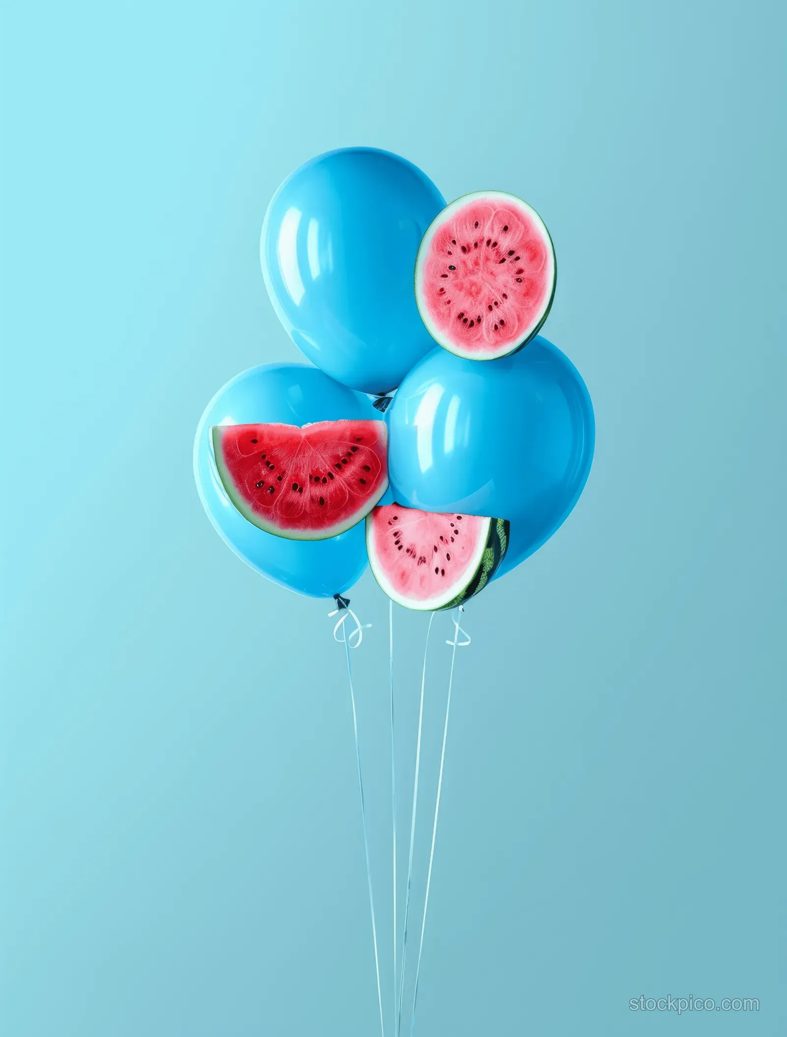 Blue balloons rise carrying red watermelon slices on a smooth pastel sky-blue background.