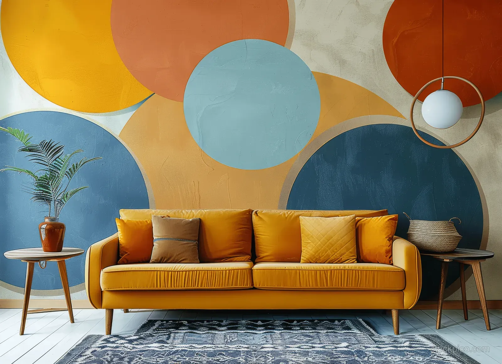 Retro yellow loveseat against a pastel wall mural of overlapping circles, with pillows, side tables, and small decor.