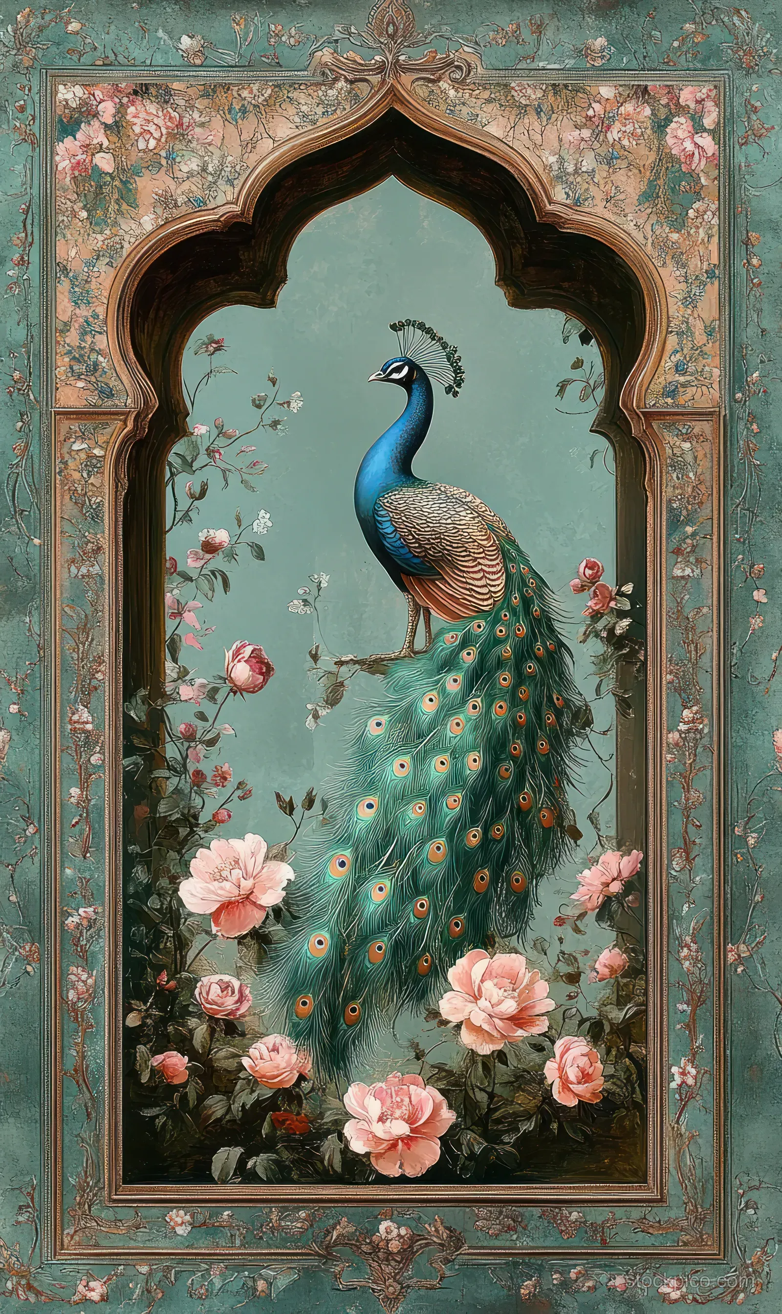 A blue peacock appears inside a floral Mughal garden arch surrounded by pink roses and ornate teal borders.