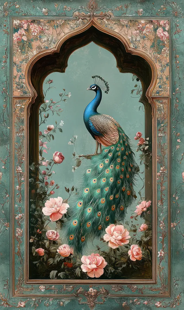 A blue peacock appears inside a floral Mughal garden arch surrounded by pink roses and ornate teal borders.