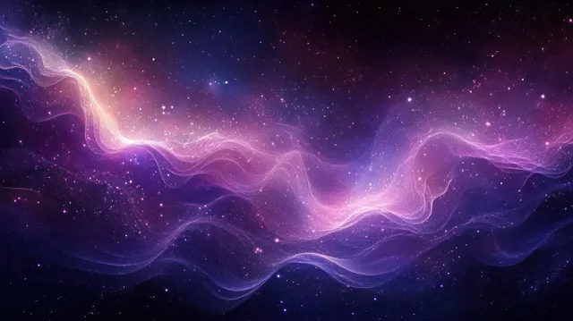 Purple cosmic waves swirl through a dark space backdrop with sparkling stardust and glowing nebula haze.