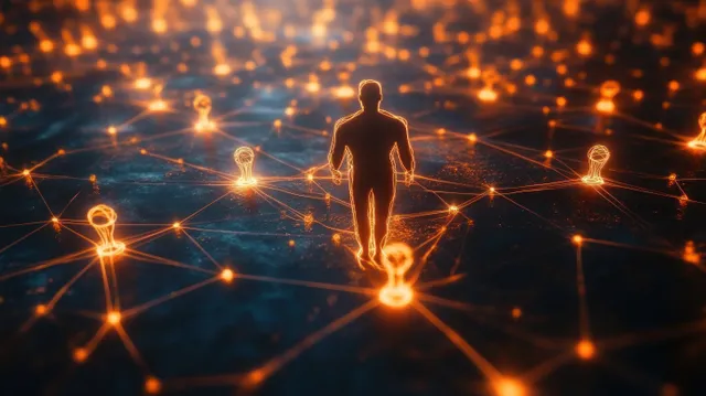 Glowing human figure walking through an electric network of orange light bulbs
