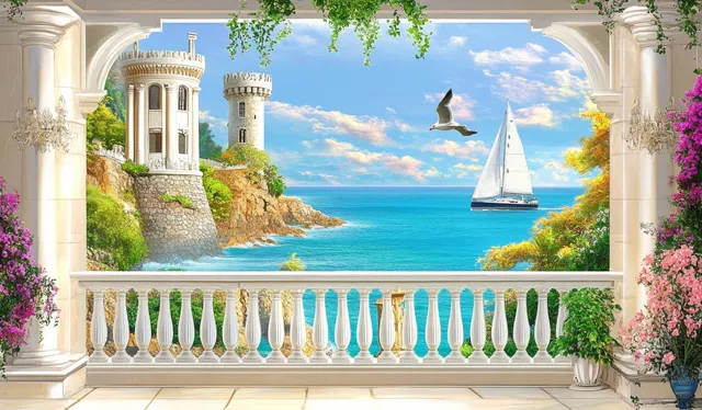 Balcony arches frame a castle coast, sailboat on turquoise sea, pink flowers