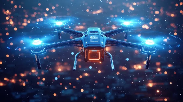 Neon-lit cyberpunk drone hovers in front of a dark starry background with glowing propellers and HUD accents.