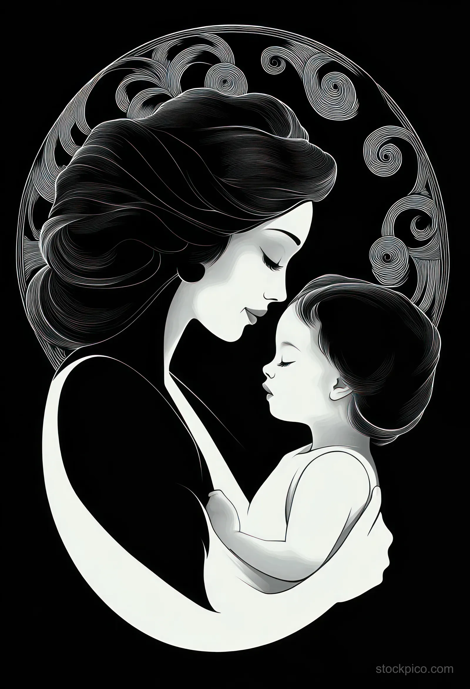 A mother lovingly touches her sleeping child’s forehead inside a monochrome swirl halo background.