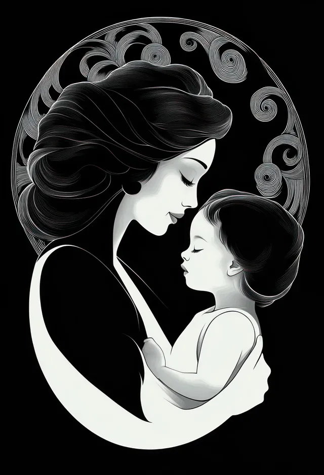 Mother cradles sleeping child, forehead touch in monochrome digital illustration with swirl halo