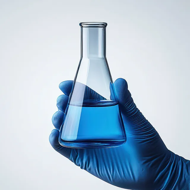 Blue-gloved hands hold a clear laboratory flask filled with blue liquid on a light background.